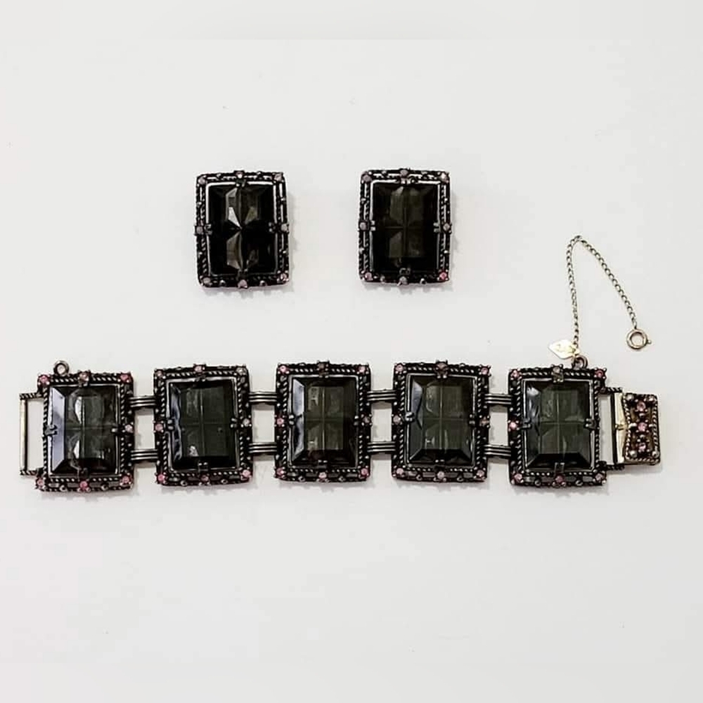 Vintage Sarah Coventry "Midnight Magic" Black Silver And Pink Jewelry Set